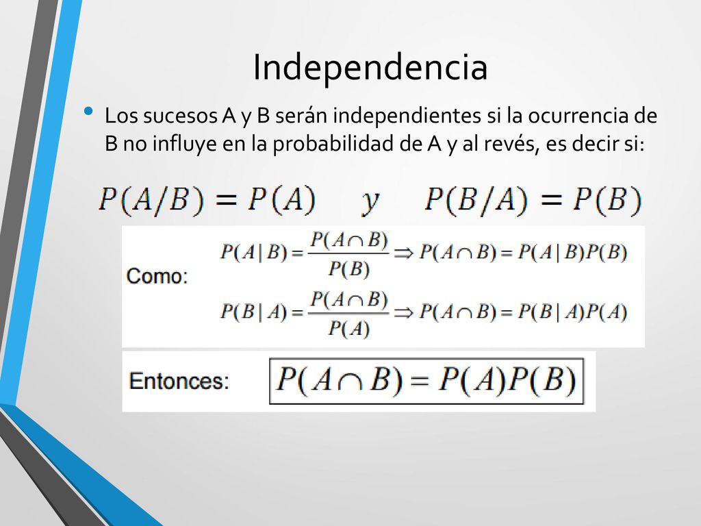 Independencia Los sucesos A y B serán independientes si la ocurrencia de B no influye en la probabilidad de A y al revés, es decir si: