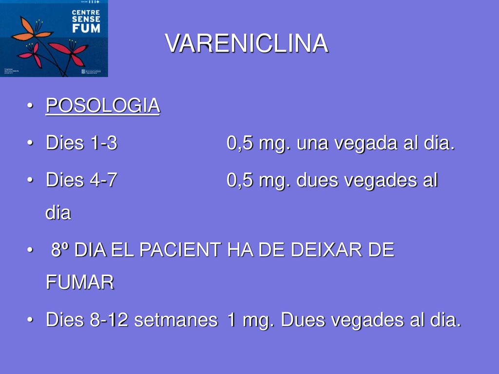VARENICLINA POSOLOGIA Dies 1-3 0,5 mg. una vegada al dia.