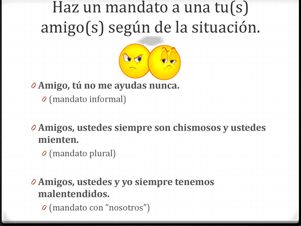 Haz un mandato a una tu(s) amigo(s) según de la situación.