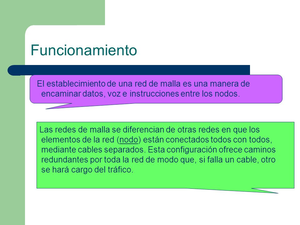 Funcionamiento El establecimiento de una red de malla es una manera de encaminar datos, voz e instrucciones entre los nodos.