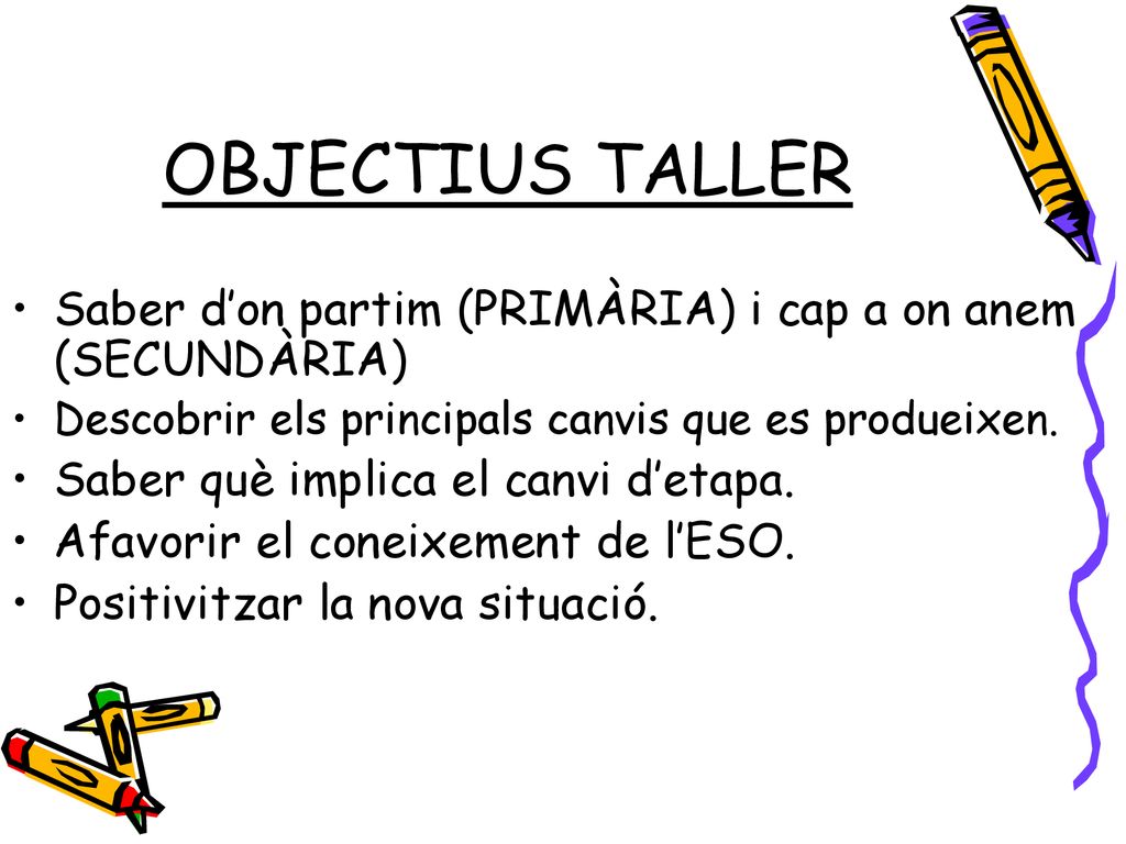 OBJECTIUS TALLER Saber d’on partim (PRIMÀRIA) i cap a on anem (SECUNDÀRIA) Descobrir els principals canvis que es produeixen.