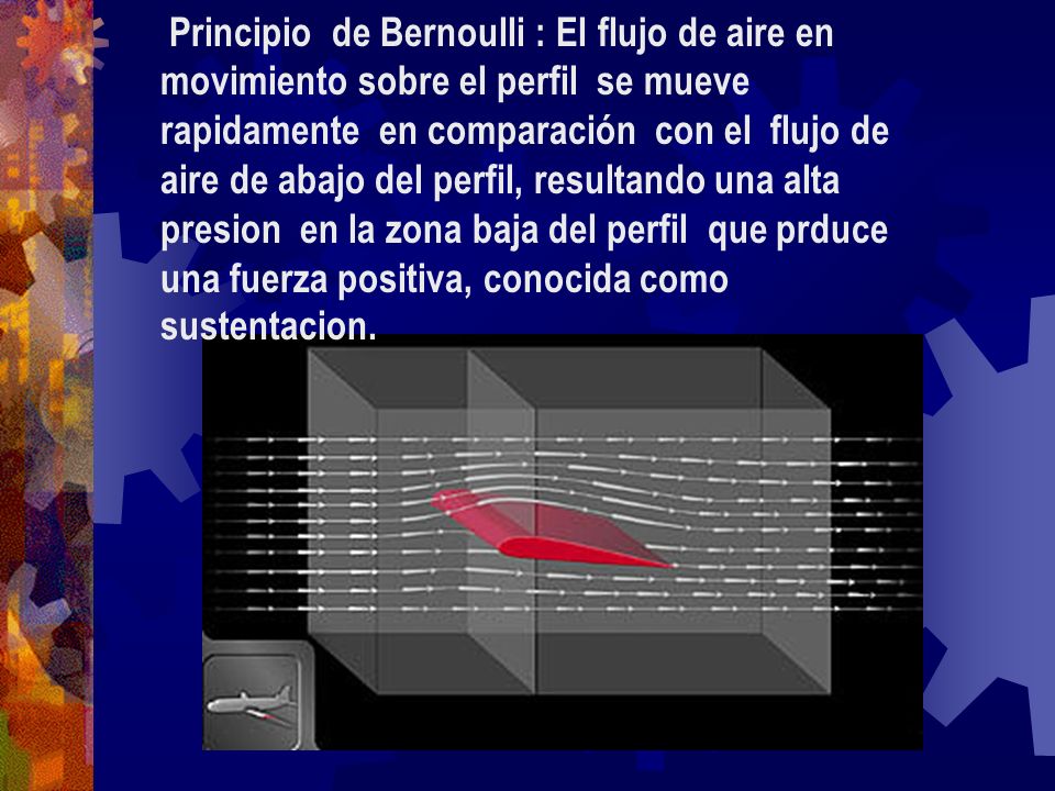Principio de Bernoulli : El flujo de aire en movimiento sobre el perfil se mueve rapidamente en comparación con el flujo de aire de abajo del perfil, resultando una alta presion en la zona baja del perfil que prduce una fuerza positiva, conocida como sustentacion.