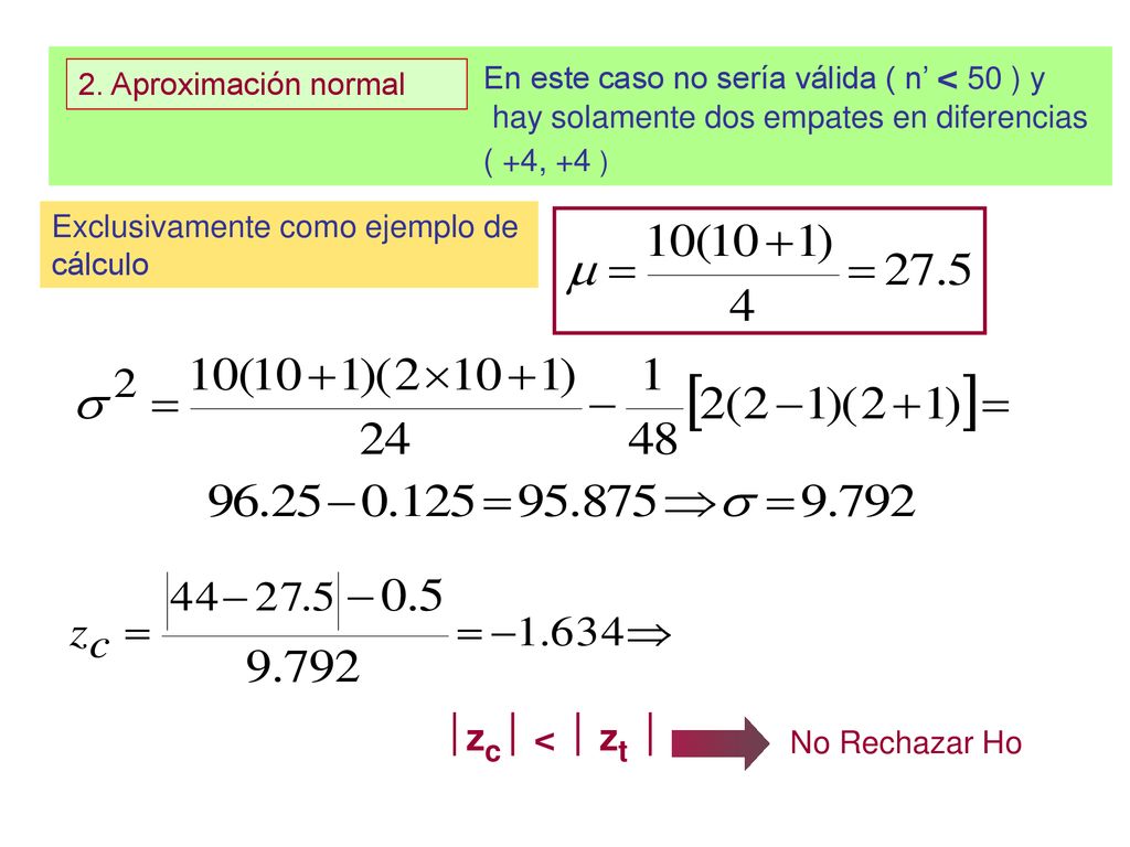 En este caso no sería válida ( n’ < 50 ) y hay solamente dos empates en diferencias ( +4, +4 )