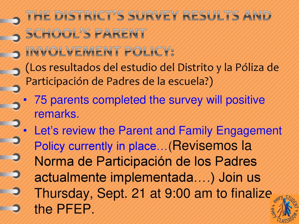 The District’s Survey results and School’s Parent Involvement Policy: (Los resultados del estudio del Distrito y la Póliza de Participación de Padres de la escuela )