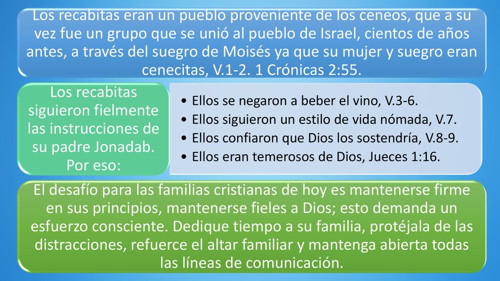 Los recabitas eran un pueblo proveniente de los ceneos, que a su vez fue un grupo que se unió al pueblo de Israel, cientos de años antes, a través del suegro de Moisés ya que su mujer y suegro eran cenecitas, V Crónicas 2:55.