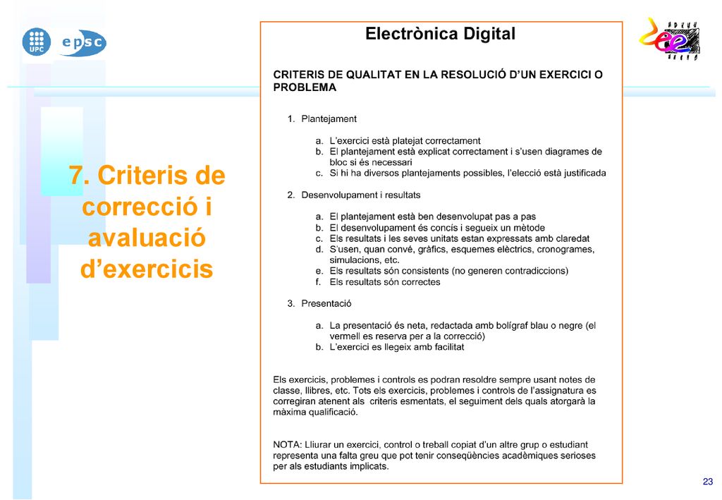 7. Criteris de correcció i avaluació d’exercicis