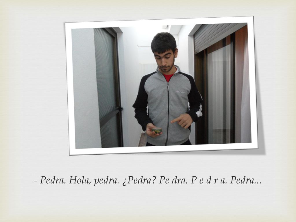 - Pedra. Hola, pedra. ¿Pedra Pe dra. P e d r a. Pedra...