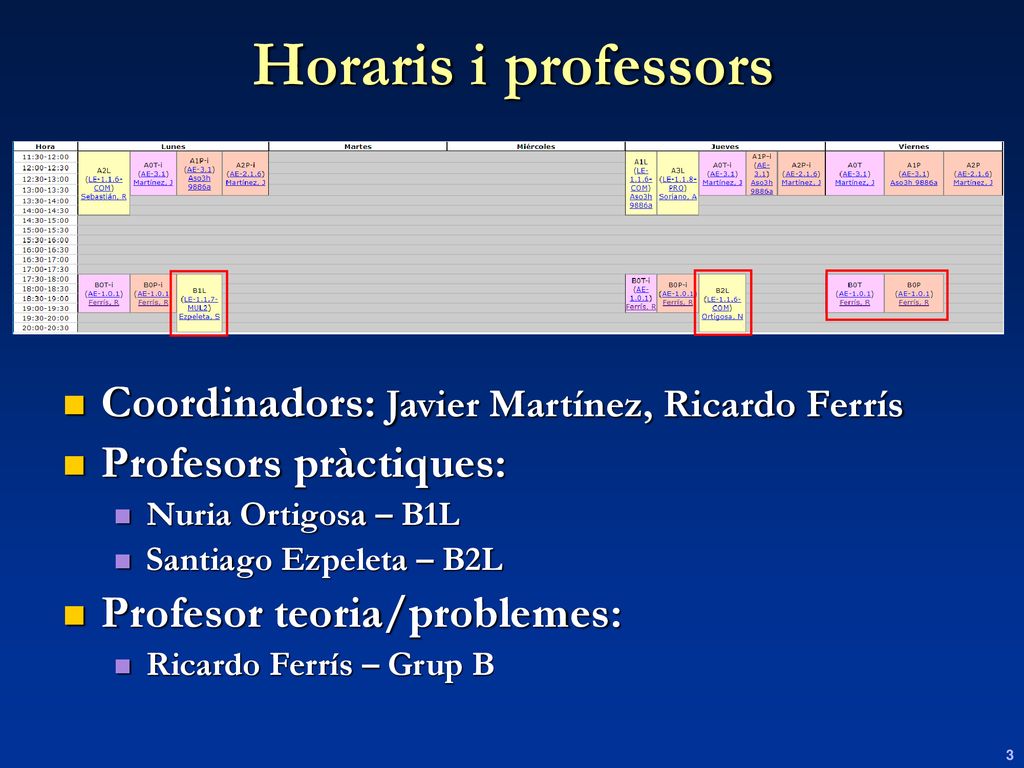 Horaris i professors Coordinadors: Javier Martínez, Ricardo Ferrís