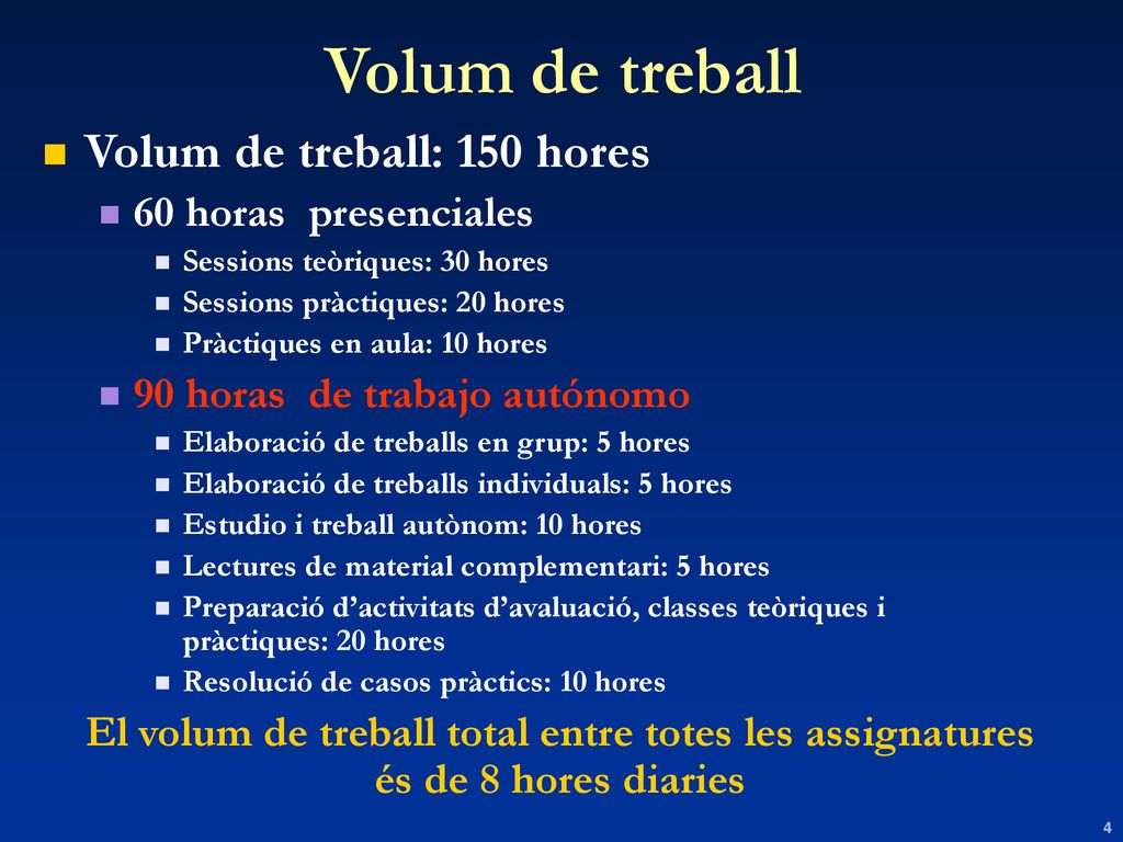 Volum de treball Volum de treball: 150 hores 60 horas presenciales