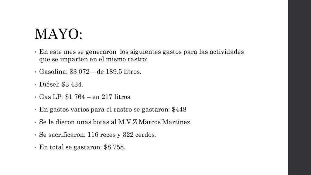 MAYO: En este mes se generaron los siguientes gastos para las actividades que se imparten en el mismo rastro:
