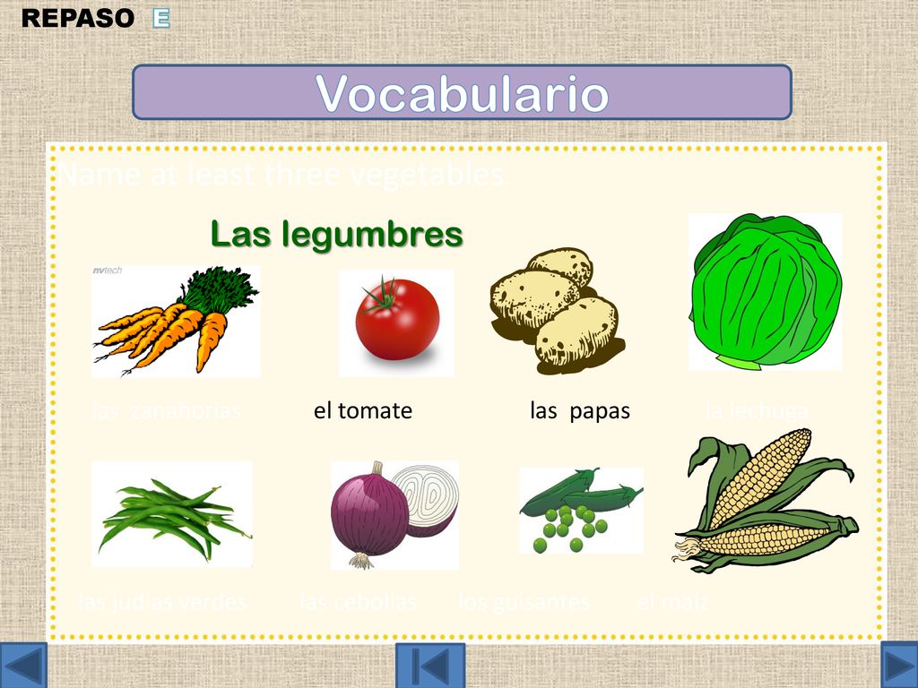 Vocabulario Name at least three vegetables. Las legumbres REPASO E