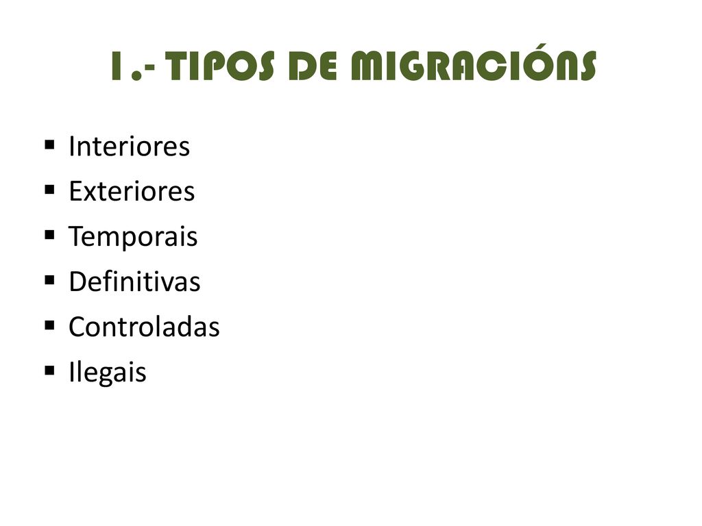 1.- TIPOS DE MIGRACIÓNS Interiores Exteriores Temporais Definitivas