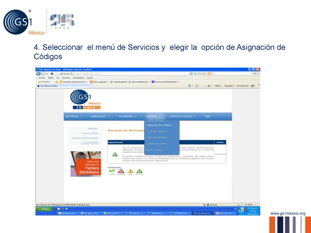 4. Seleccionar el menú de Servicios y elegir la opción de Asignación de Códigos