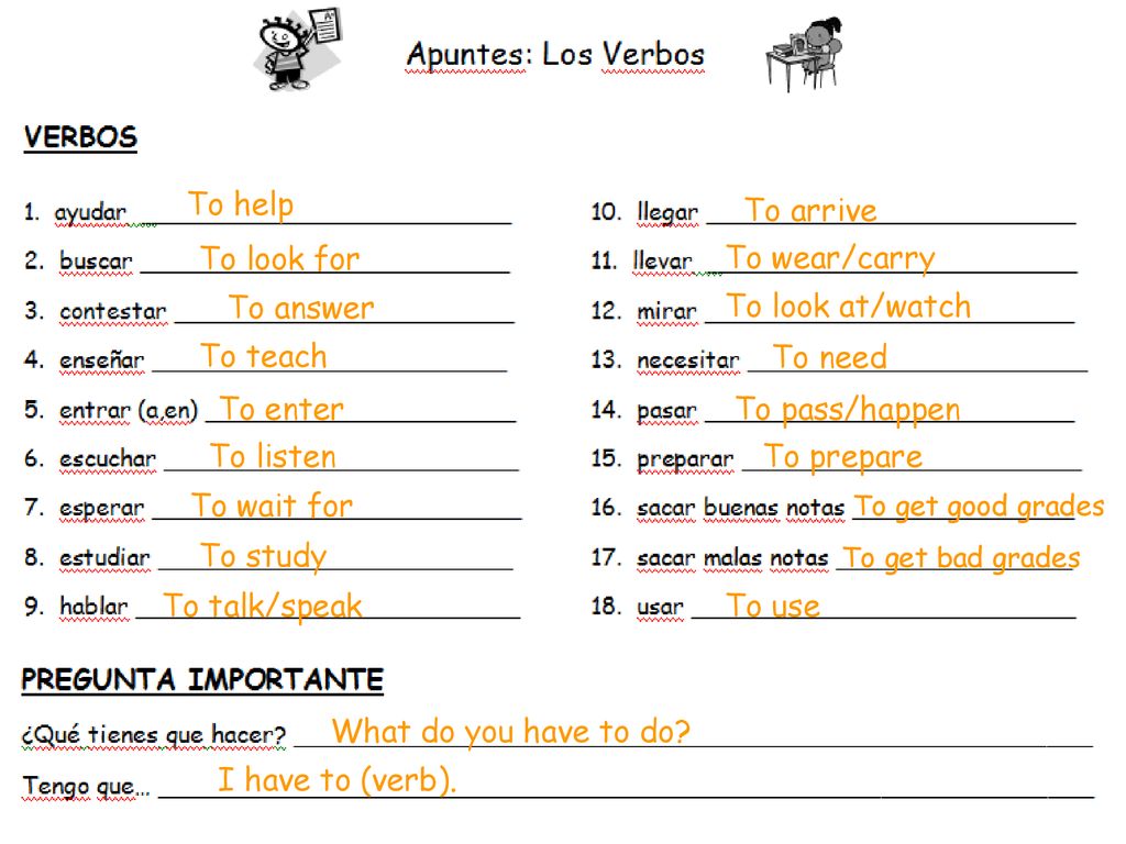 To help To arrive To look for To wear/carry To answer To look at/watch