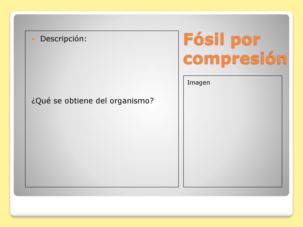 Fósil por compresión Descripción: ¿Qué se obtiene del organismo