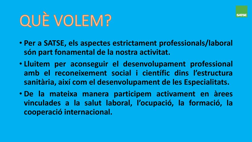 QUÈ VOLEM Per a SATSE, els aspectes estrictament professionals/laboral són part fonamental de la nostra activitat.