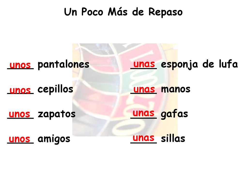Un Poco Más de Repaso unos. ____ pantalones. ____ cepillos. ____ zapatos. ____ amigos. unas. ____ esponja de lufa.