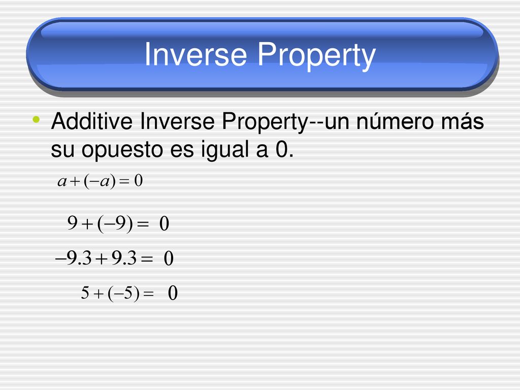 Inverse Property Additive Inverse Property--un número más su opuesto es igual a 0.