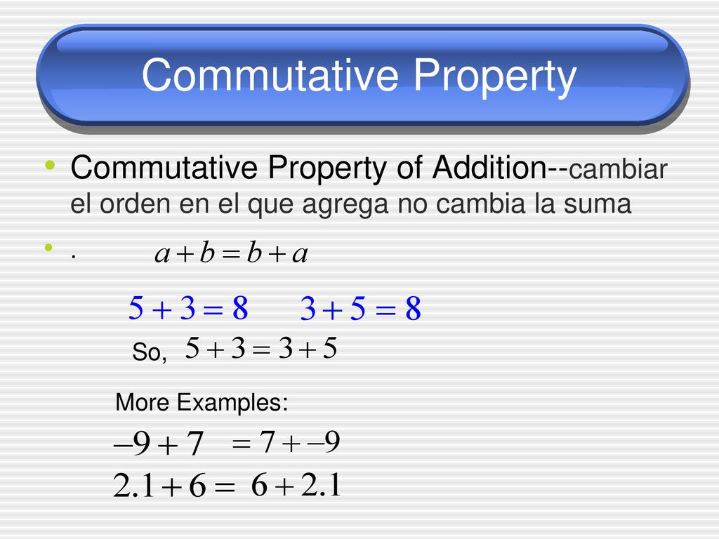Commutative Property Commutative Property of Addition--cambiar el orden en el que agrega no cambia la suma.