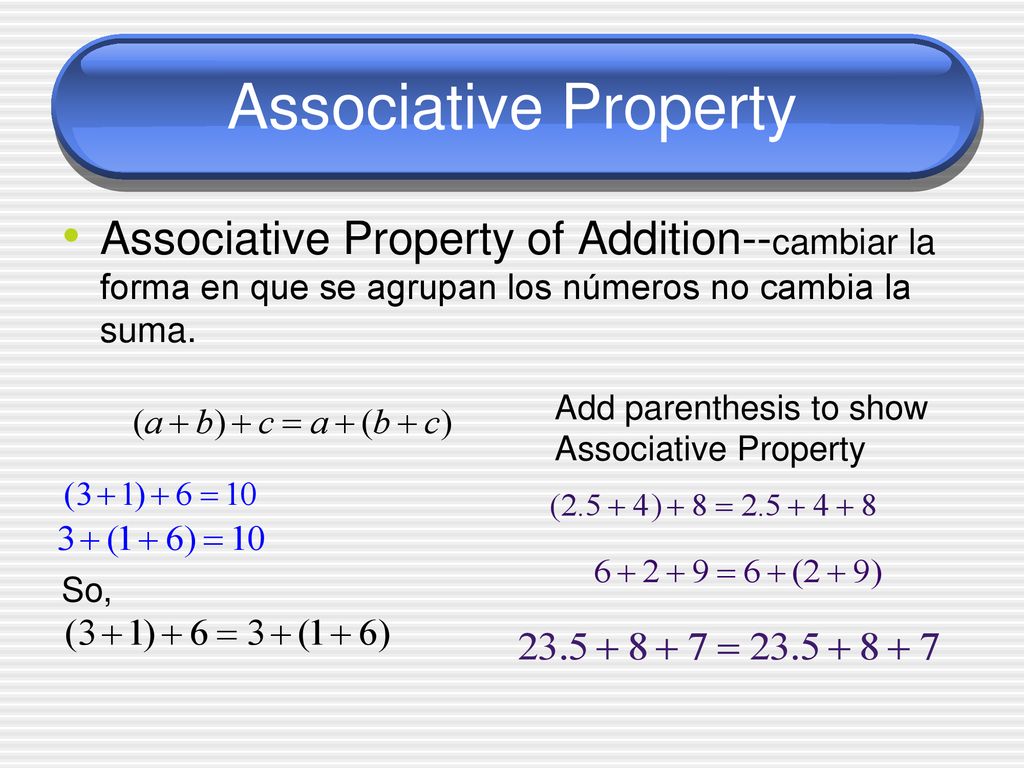 Associative Property Associative Property of Addition--cambiar la forma en que se agrupan los números no cambia la suma.