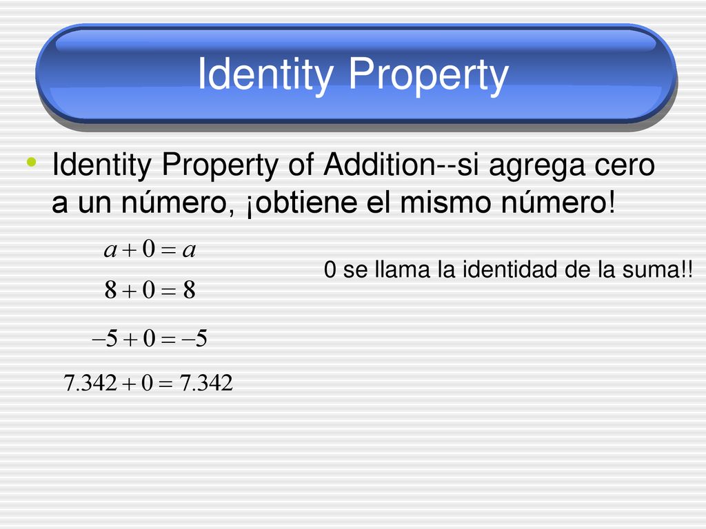 Identity Property Identity Property of Addition--si agrega cero a un número, ¡obtiene el mismo número!