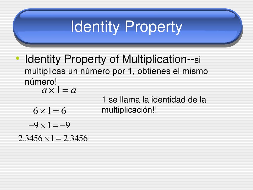 Identity Property Identity Property of Multiplication--si multiplicas un número por 1, obtienes el mismo número!
