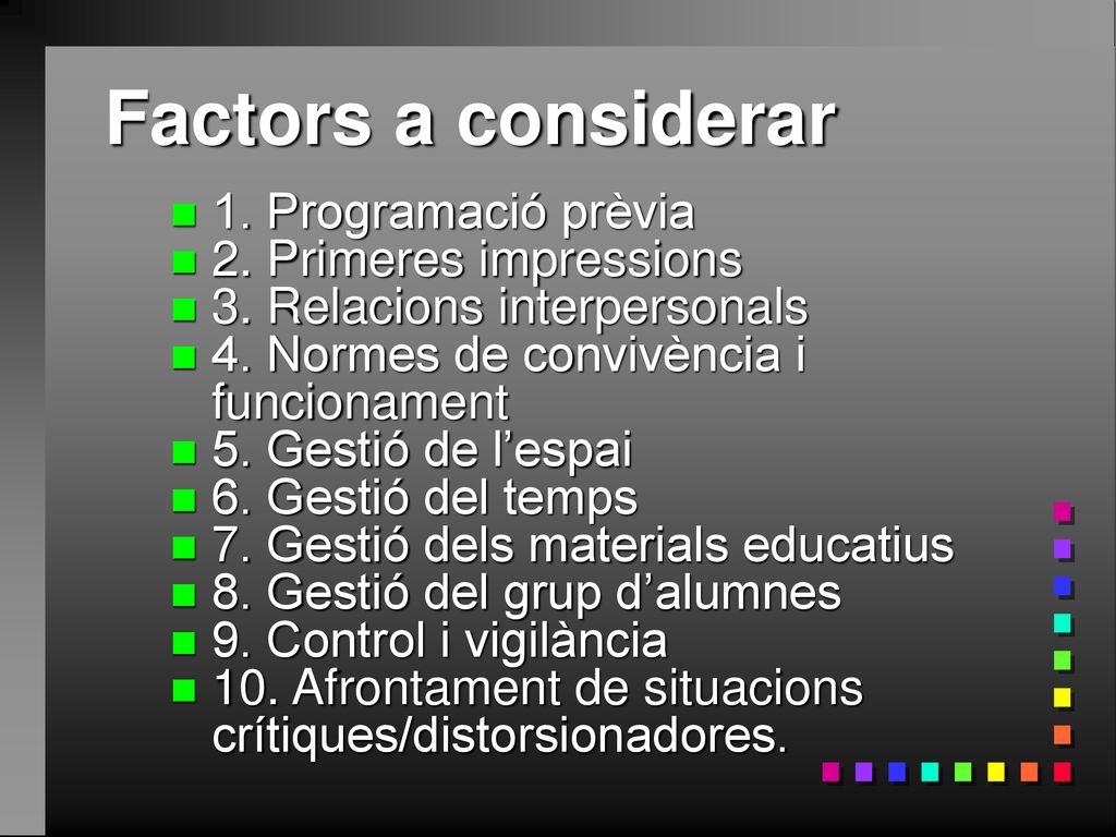 Factors a considerar 1. Programació prèvia 2. Primeres impressions