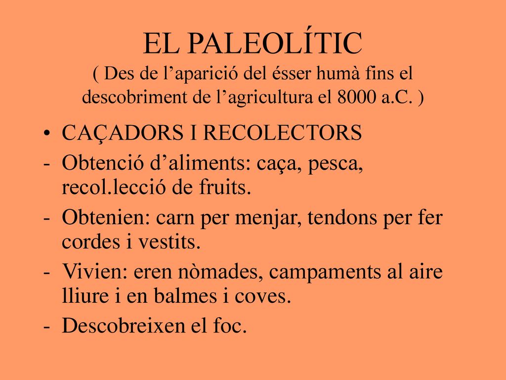 EL PALEOLÍTIC ( Des de l’aparició del ésser humà fins el descobriment de l’agricultura el 8000 a.C. )