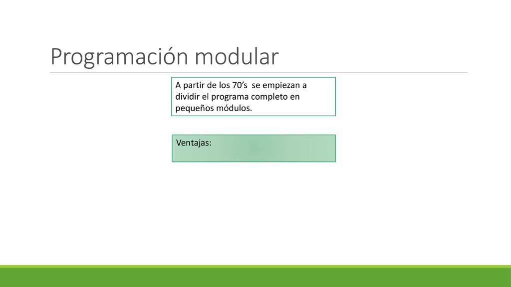 Programación modular A partir de los 70’s se empiezan a dividir el programa completo en pequeños módulos.