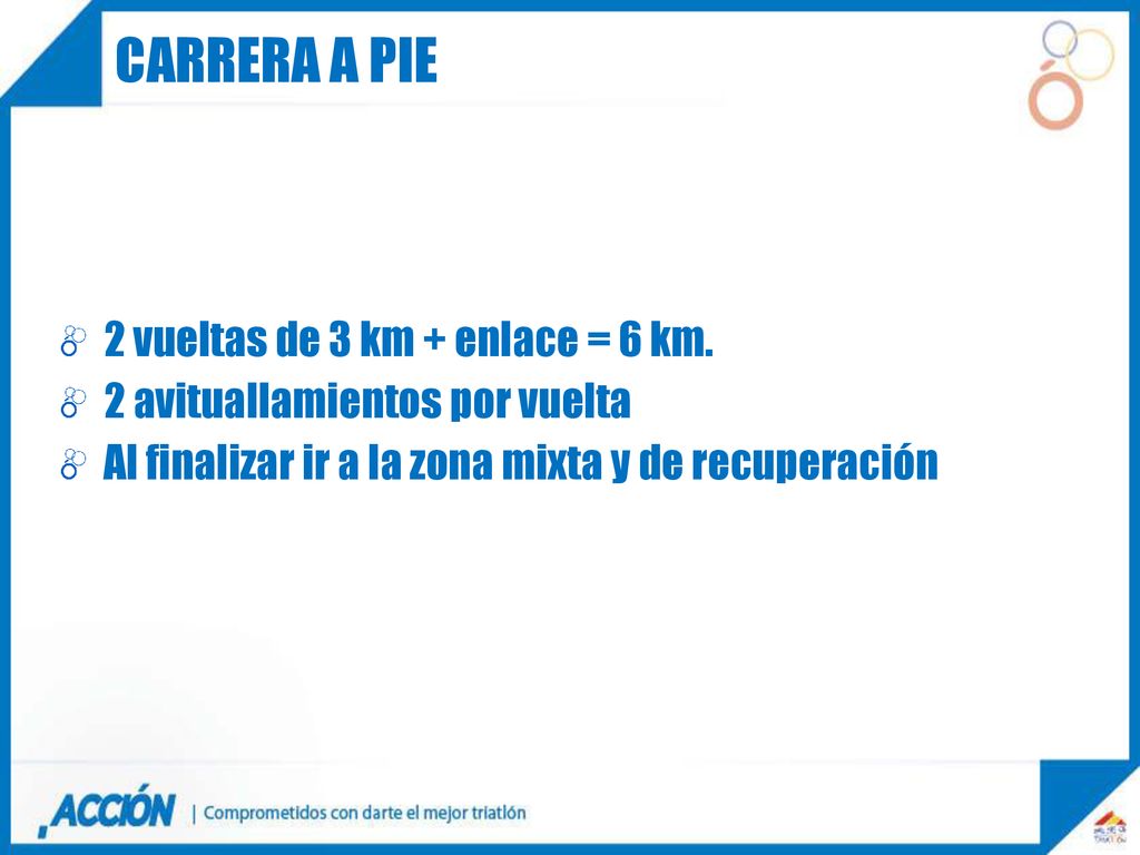 Carrera a pie 2 vueltas de 3 km + enlace = 6 km.