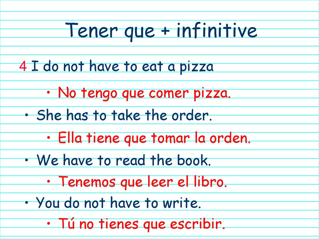 Tener que + infinitive I do not have to eat a pizza