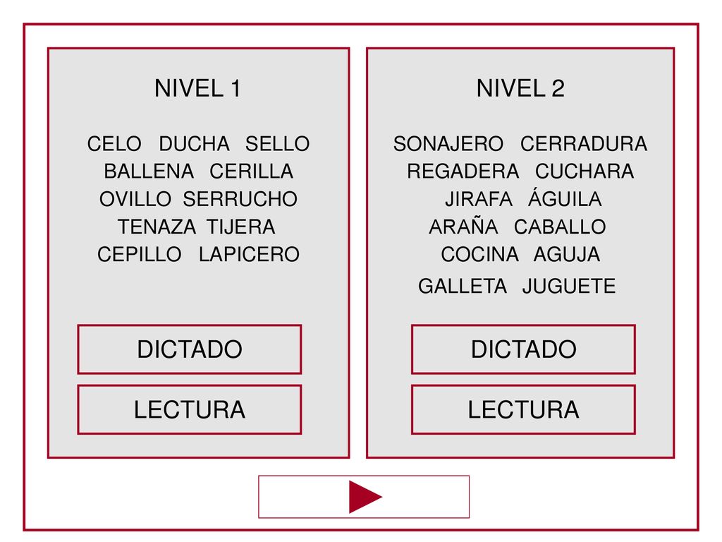 NIVEL 1 NIVEL 2 DICTADO DICTADO LECTURA LECTURA CELO DUCHA SELLO