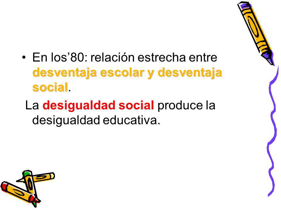 En los’80: relación estrecha entre desventaja escolar y desventaja social.
