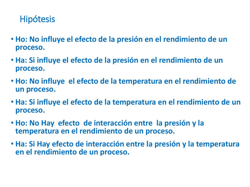 Hipótesis Ho: No influye el efecto de la presión en el rendimiento de un proceso.