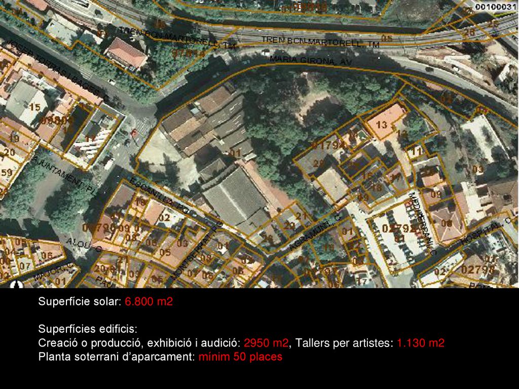 Superfície solar: m2 Superfícies edificis: Creació o producció, exhibició i audició: 2950 m2, Tallers per artistes: m2 Planta soterrani d’aparcament: mínim 50 places