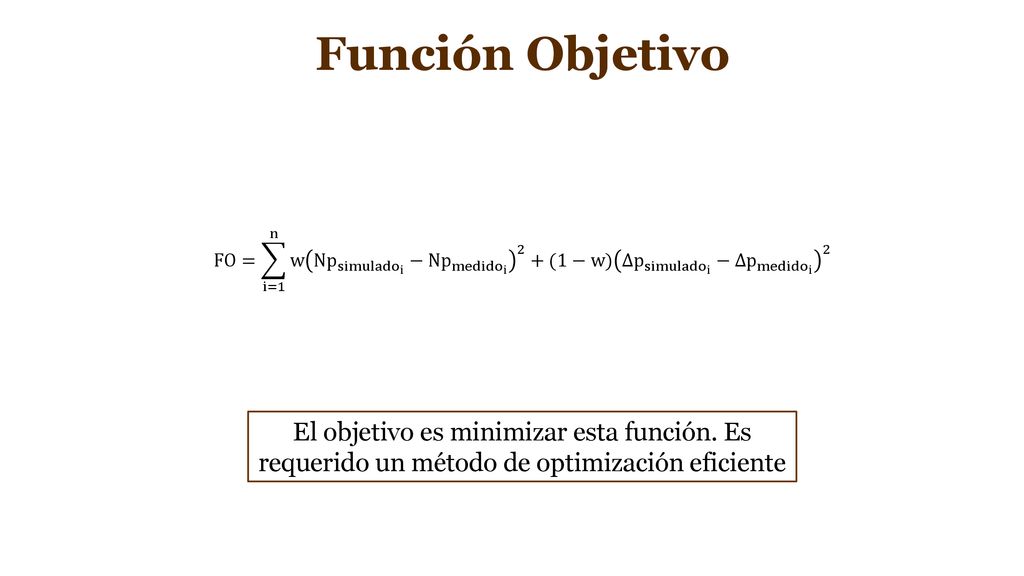 Función Objetivo FO= i=1 n w Np simulado i − Np medido i 2 + (1−w) ∆p simulado i − ∆p medido i 2.