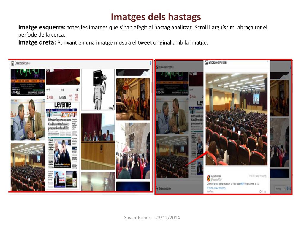 Imatges dels hastags Imatge esquerra: totes les imatges que s’han afegit al hastag analitzat. Scroll llarguíssim, abraça tot el període de la cerca. Imatge dreta: Punxant en una imatge mostra el tweet original amb la imatge.
