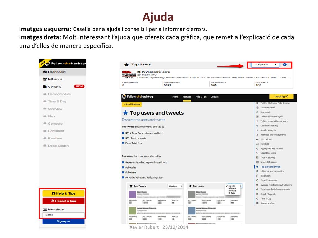Ajuda Imatges esquerra: Casella per a ajuda i consells i per a informar d’errors. Imatges dreta: Molt interessant l’ajuda que ofereix cada gràfica, que remet a l’explicació de cada una d’elles de manera específica.