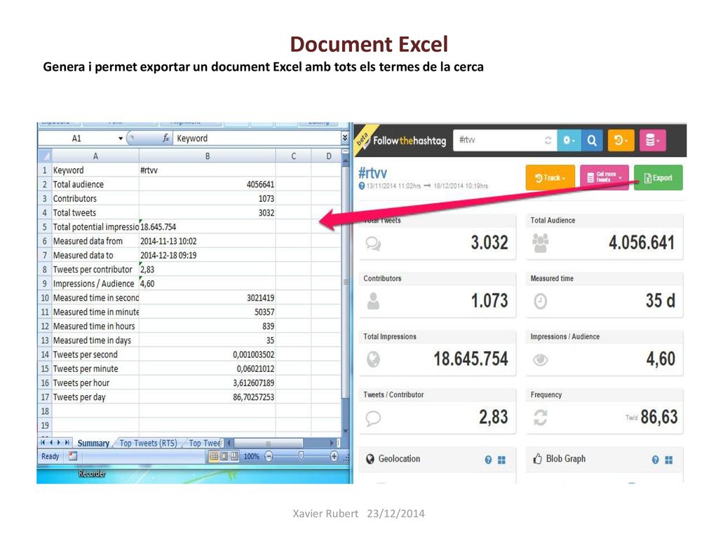 Document Excel Genera i permet exportar un document Excel amb tots els termes de la cerca