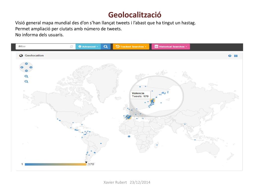 Geolocalització Visió general mapa mundial des d’on s’han llançat tweets i l’abast que ha tingut un hastag. Permet ampliació per ciutats amb número de tweets. No informa dels usuaris.