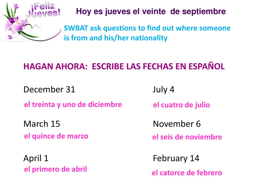 HAGAN AHORA: ESCRIBE LAS FECHAS EN ESPAÑOL December 31 July 4