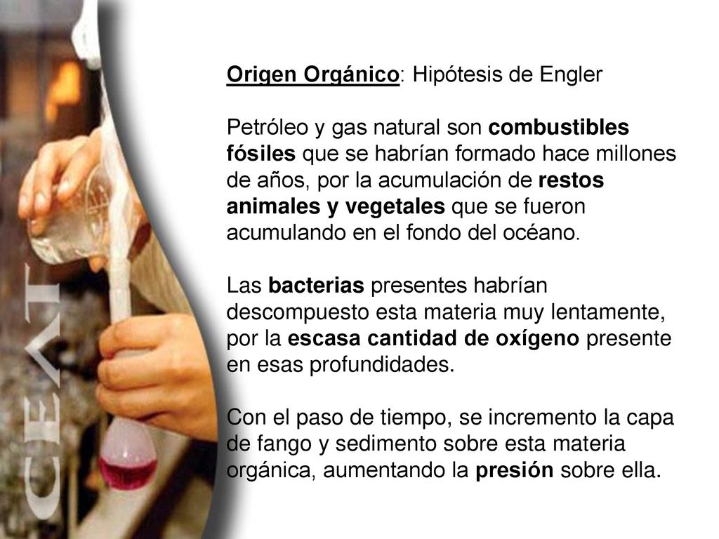 Origen Orgánico: Hipótesis de Engler Petróleo y gas natural son combustibles fósiles que se habrían formado hace millones de años, por la acumulación de restos animales y vegetales que se fueron acumulando en el fondo del océano.