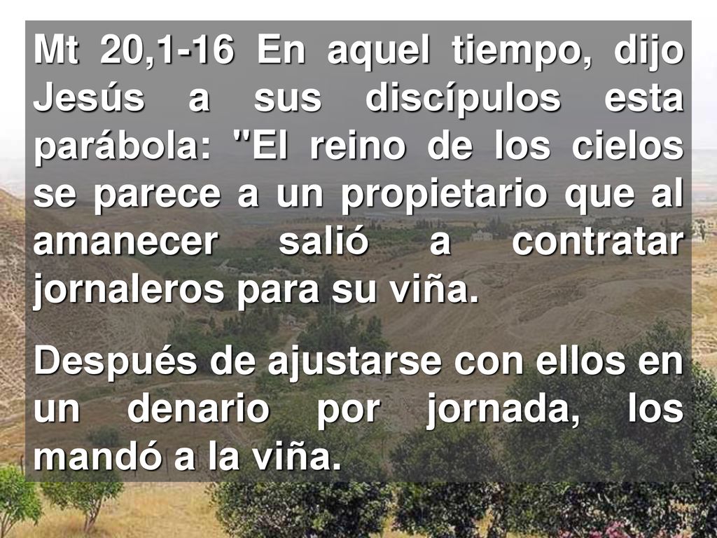 Mt 20,1-16 En aquel tiempo, dijo Jesús a sus discípulos esta parábola: El reino de los cielos se parece a un propietario que al amanecer salió a contratar jornaleros para su viña.