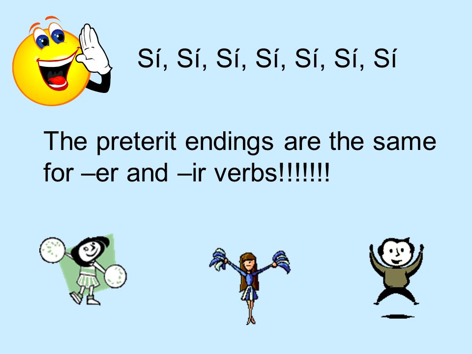 Sí, Sí, Sí, Sí, Sí, Sí, Sí The preterit endings are the same for –er and –ir verbs!!!!!!!