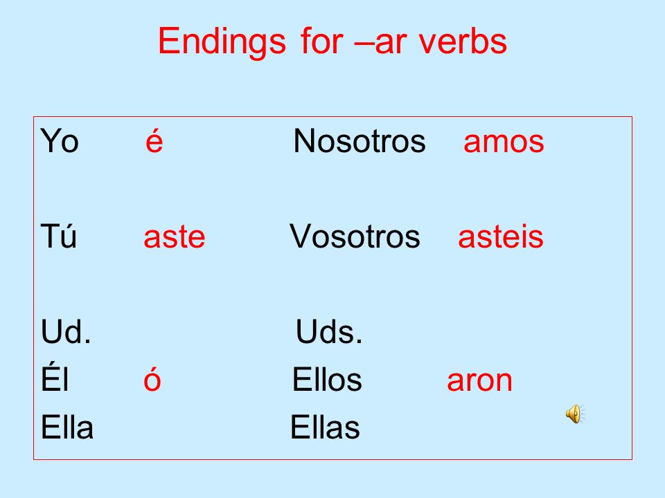 Endings for –ar verbs Yo é Nosotros amos Tú aste Vosotros asteis