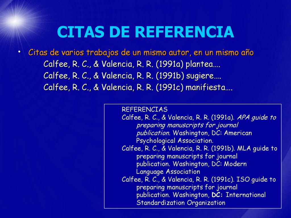 CITAS DE REFERENCIA Citas de varios trabajos de un mismo autor, en un mismo año. Calfee, R. C., & Valencia, R. R. (1991a) plantea….