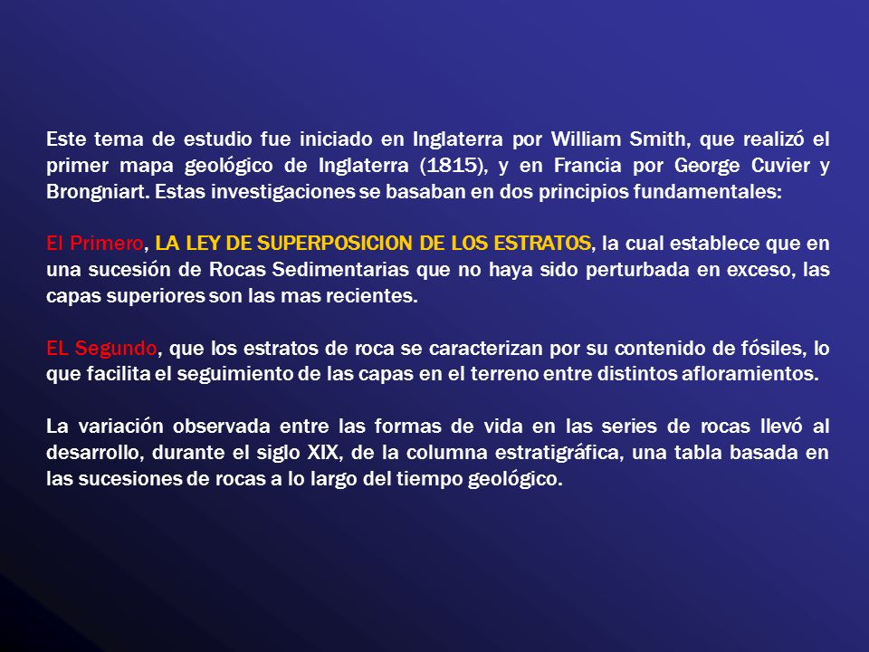 Este tema de estudio fue iniciado en Inglaterra por William Smith, que realizó el primer mapa geológico de Inglaterra (1815), y en Francia por George Cuvier y Brongniart. Estas investigaciones se basaban en dos principios fundamentales: