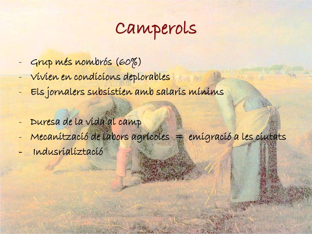 Camperols Grup més nombrós (60%) Vivien en condicions deplorables