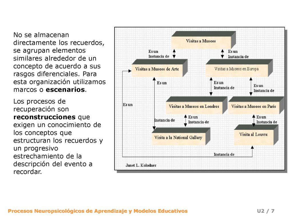 No se almacenan directamente los recuerdos, se agrupan elementos similares alrededor de un concepto de acuerdo a sus rasgos diferenciales. Para esta organización utilizamos marcos o escenarios.