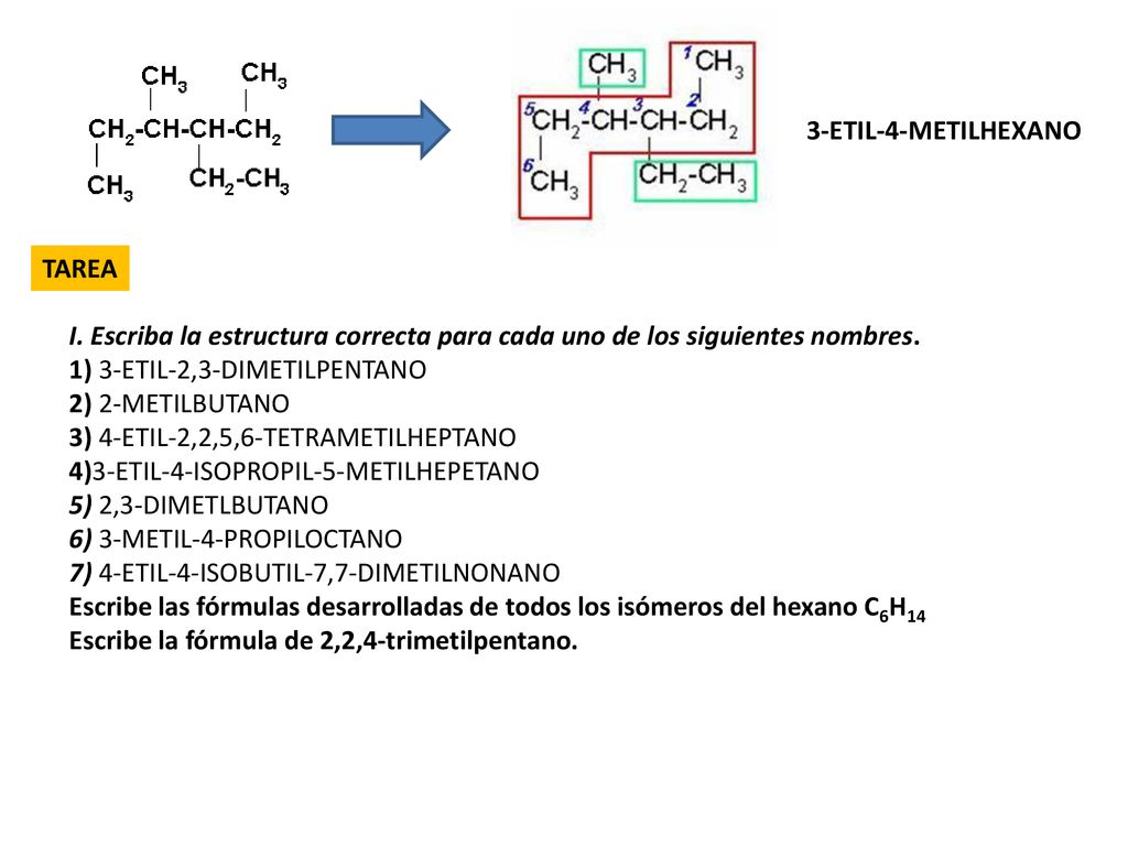 3-ETIL-4-METILHEXANO TAREA. I. Escriba la estructura correcta para cada uno de los siguientes nombres.